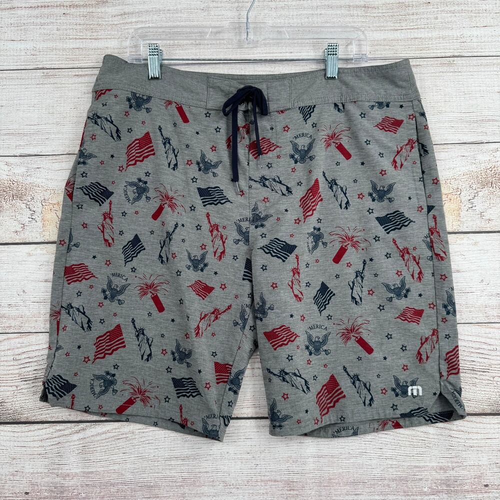 Travis Mathew USA Patriotic Flag Board Shorts Mens 36 Gray‎ Blue Red Beach